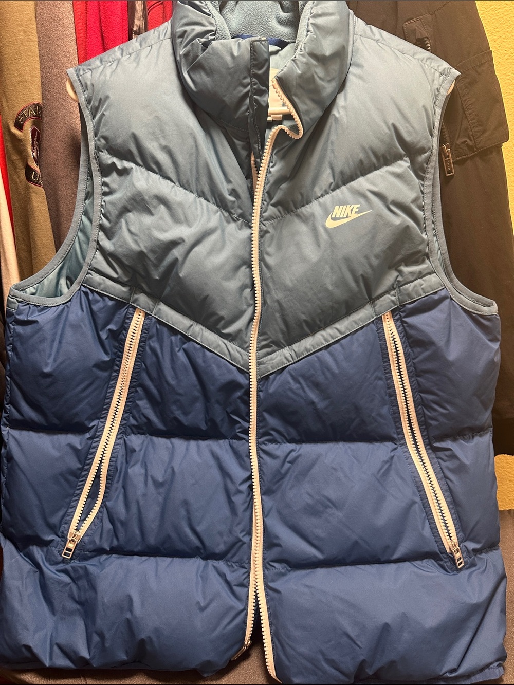 Men’s Nike Two-Tone Blue Puffer Vest with White Zippers